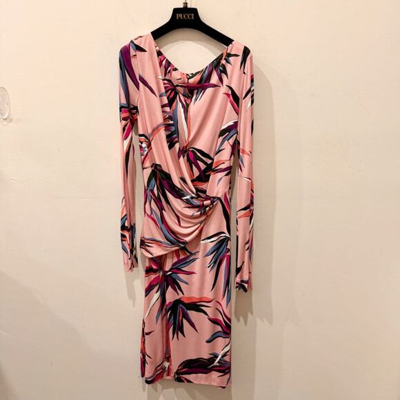 Emilio Pucci Tropical Print Long Sleeve Surplice V-Neck Midi Sheath Dress Pink 8 - Picture 1 of 5